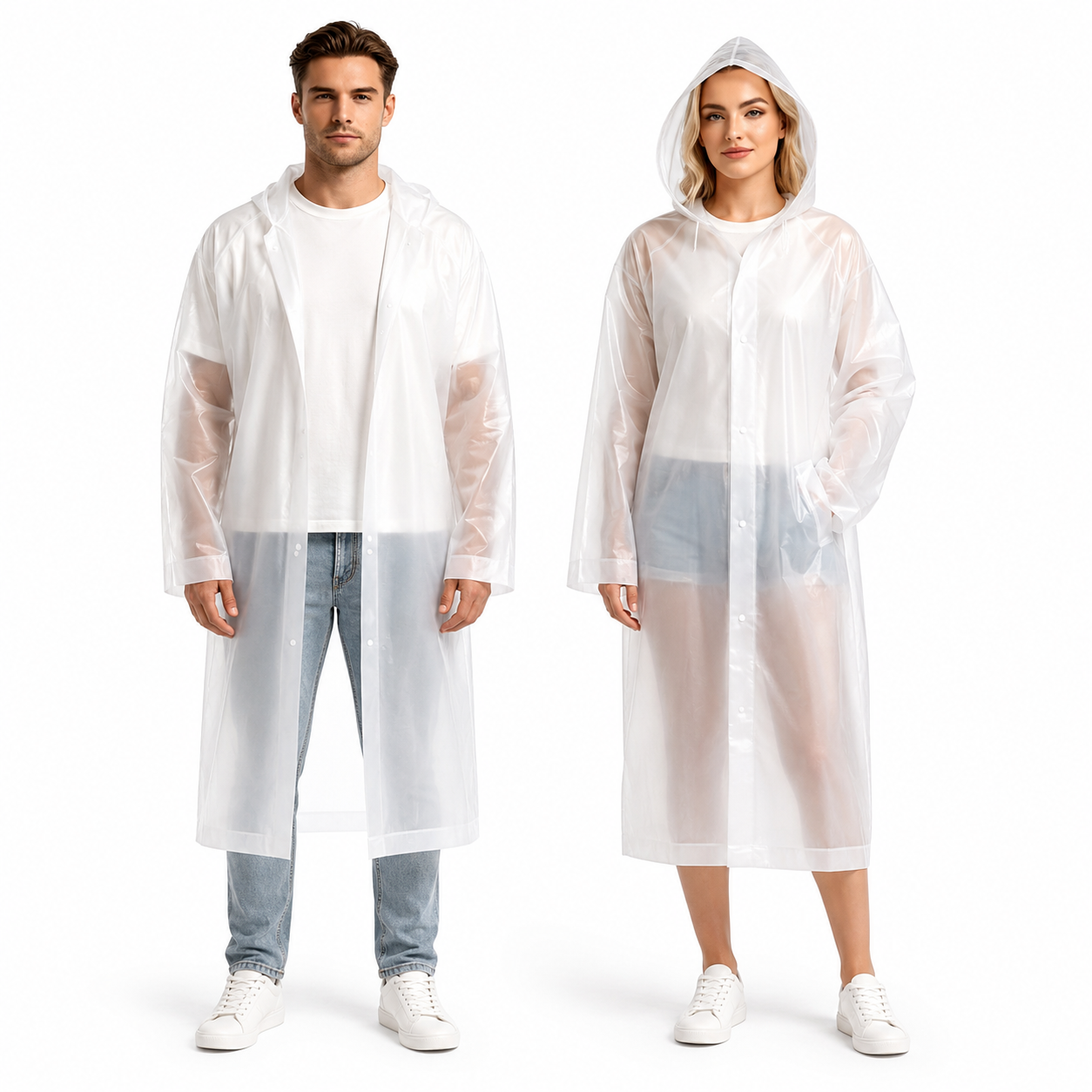 Fyniora Reusable EVA Rain Ponchos for Adults, 2-Pack Waterproof Emergency Raincoats Portable Waterproof Rain Gear with Hood and Elastic Sleeves for Men & Women, Outdoor Travel Hiking Camping, White