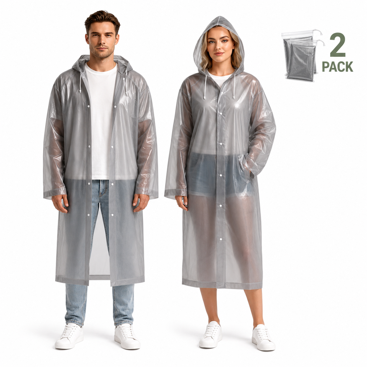Fyniora Reusable EVA Rain Ponchos for Adults, 2-Pack Waterproof Emergency Raincoats Portable Waterproof Rain Gear with Hood and Elastic Sleeves for Men & Women, Outdoor Travel Hiking Camping, Gray