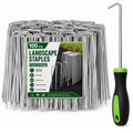 Fyniora 100 Pack 6Inch Landscape Staples, Hot-Dip Galvanized U-Shaped Ground Stakes with Pick Hook, Heavy Duty 12 Gauge Garden Stakes for Tubing, Yard & Tent Stakes for Decoration Weed Barrier Fabric