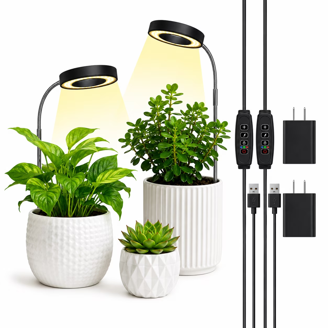 Fyniora Plant Grow Light, Full Spectrum LED Plant Light for Indoor Plants, Height Adjustable Growing Lamp with Auto on/off Timer 3/9/12H, 10 Dimmable Brightness, Ideal for Small Plants, 2 Pack, Black