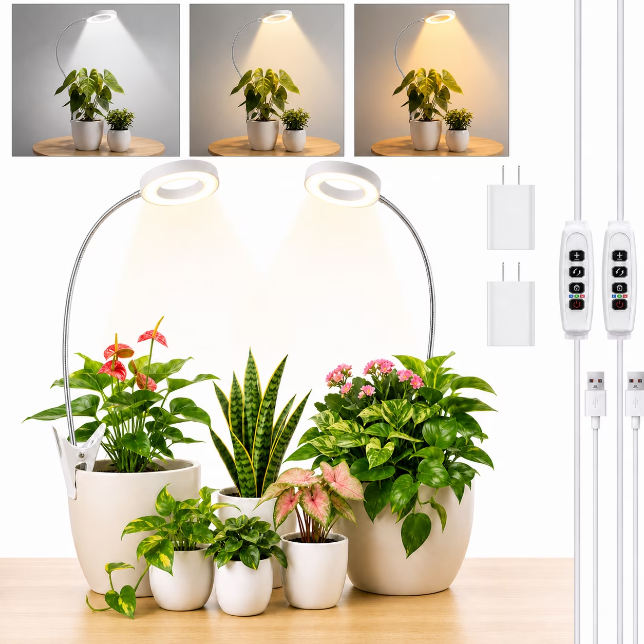 Fyniora Grow Lights for Indoor Plants-2 Pack , Full Spectrum LED Plant Light with 10-Levels Dimmable & 360°Gooseneck, Pot Clip Plant Growing Lamp with 3/9/12 Hrs Auto Timer for Small Plants(White)