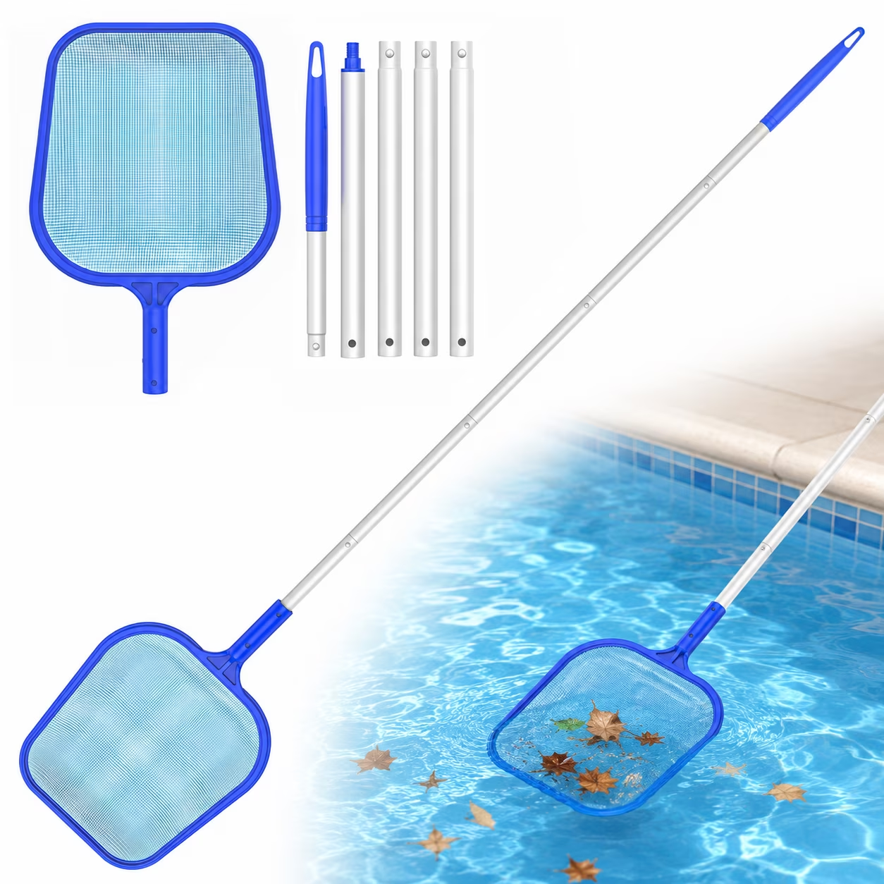 Fyniora 16.5" Pool Leaf Skimmer Net, Total Length 65 inches, Leaf Rake Net with 5 Sections Adjustable Aluminum Poles & 6" Deep Ultra Fine Mesh Netting Bag Basket for Cleaning Ponds, Hot Tub & Spas