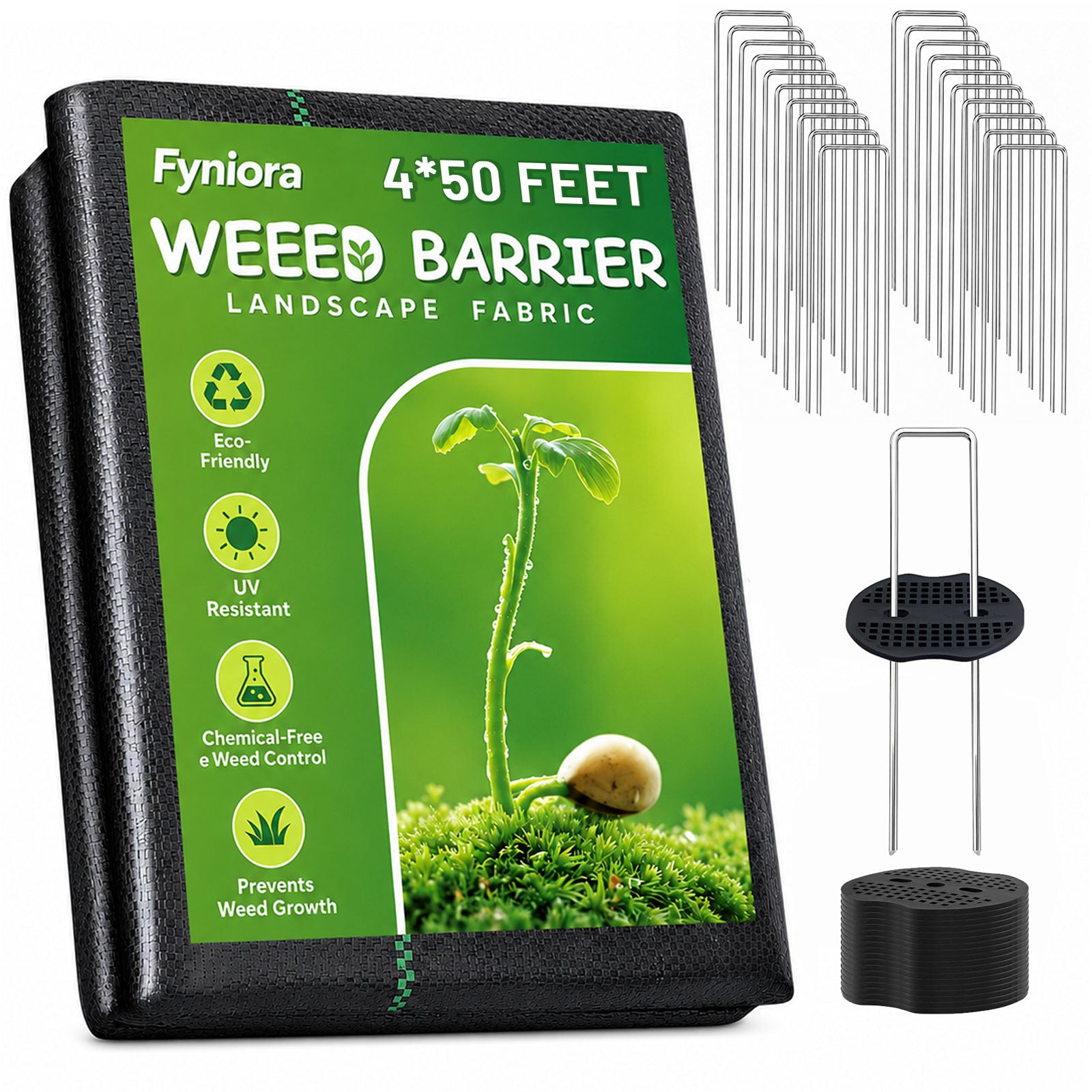 Fyniora 4FT x 50FT Heavy Duty Landscape Fabric, 3.2OZ Weed Barrier Ground Cover, Grade Geotextile Fabric for Driveway, Gardening & Flower Bed, High Permeability Weed Block with 20 U-Shaped Stakes